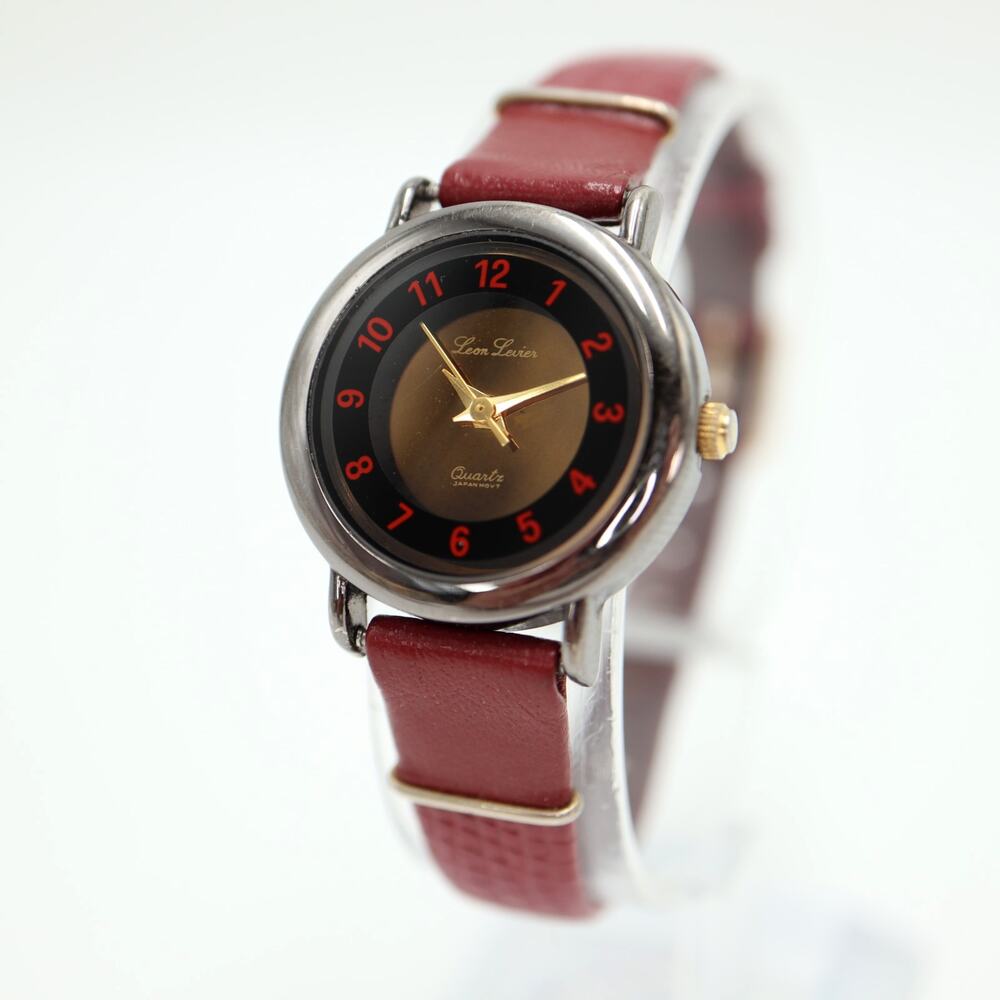 Vintage Leon Levier Womens Watch 24mm Gray Gold Red Leather with New Battery
